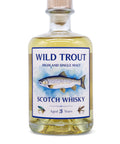 WILD TROUT Highland Single Malt Scotch Whisky, Etikett mit Bachforelle und klassischen schottischen Nassfliegen. Ein tolles Geschenk für jeden Fliegenfischer.