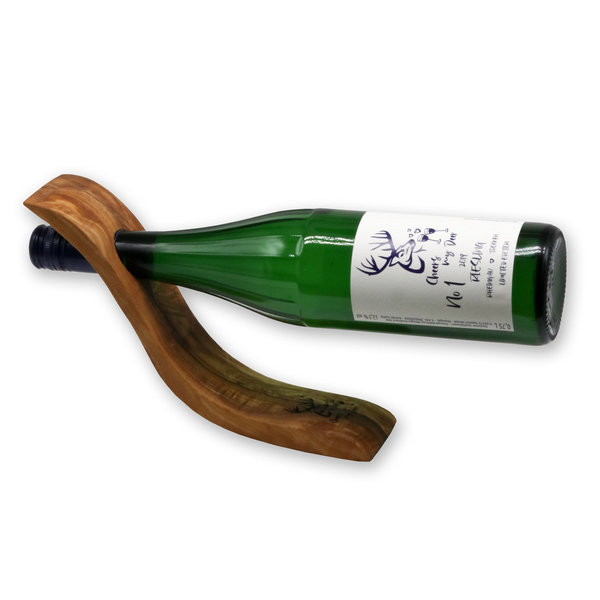 Weinflaschenhalter aus Olivenholz mit Lasergravur "Cheers my Deer / WALDDESIGNERIN ®